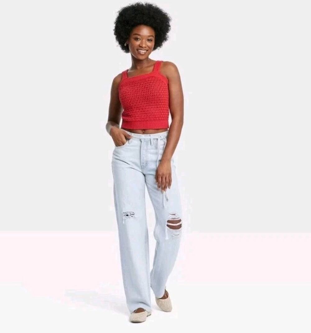 Women's Mid-Rise Tie-Waist Drawstring Baggy Jeans - Universal Thread Light
